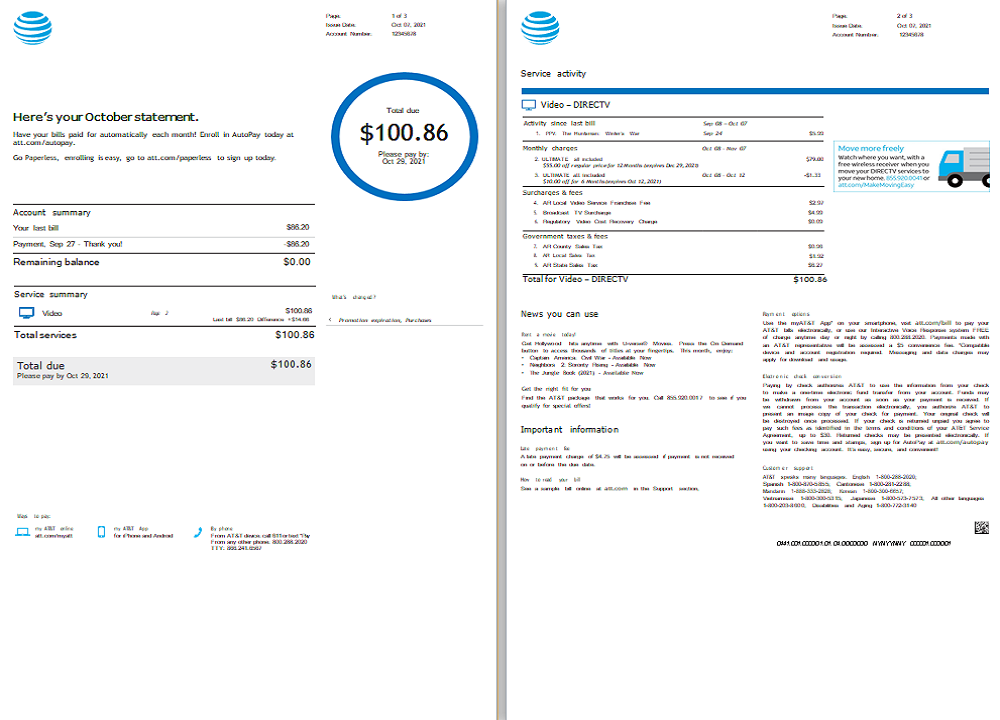 USA AT&T invoice PSD template